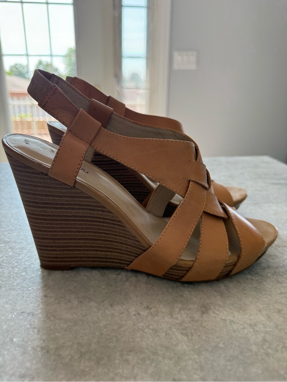 Le Chateau Tan Leather Strappy Wedge Sandals